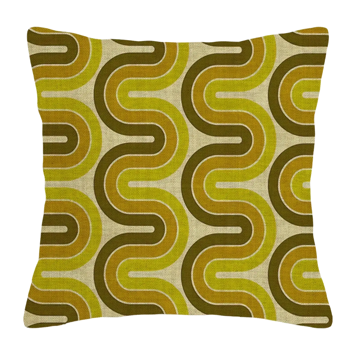 Square throw pillow cover with retro olive green and lime yellow interlocking s curves on beige linen fabric