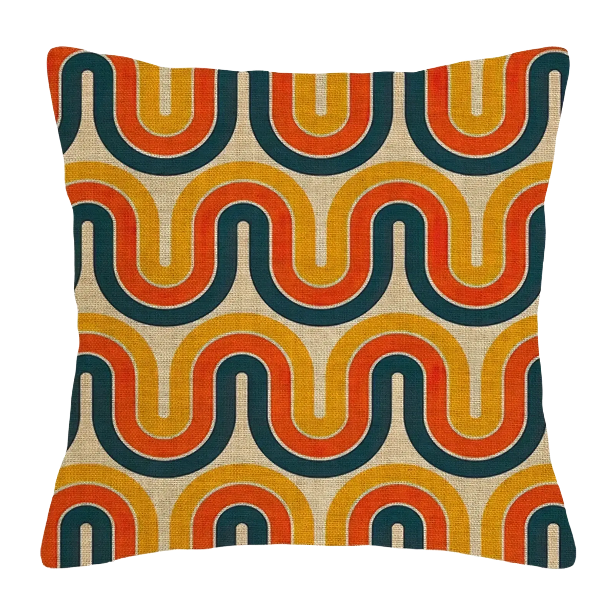 Square throw pillow cover with retro geometric wavy arcs in orange mustard yellow and teal on beige linen background
