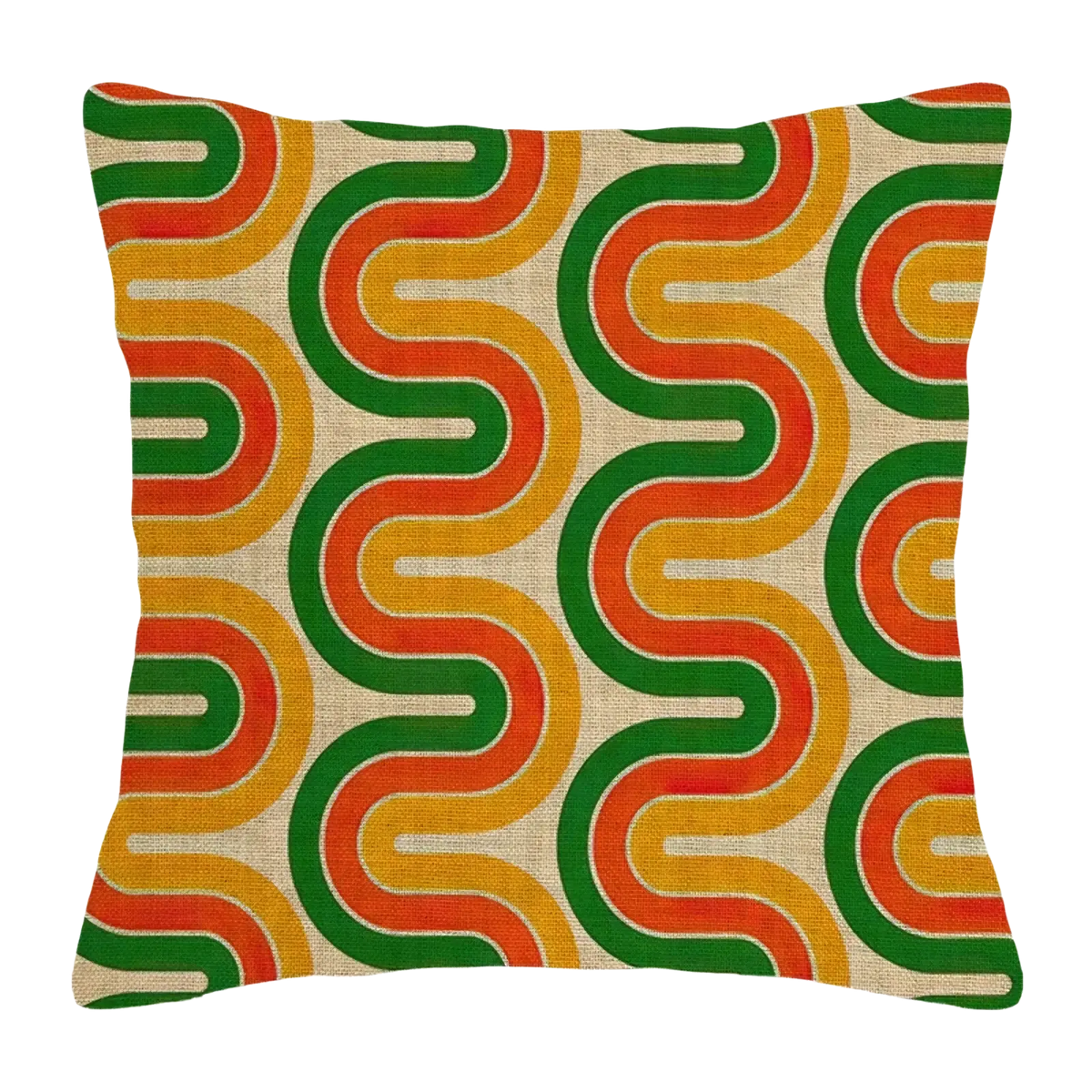 Square throw pillow cover with retro orange green and yellow wavy lines on beige linen for modern decoration