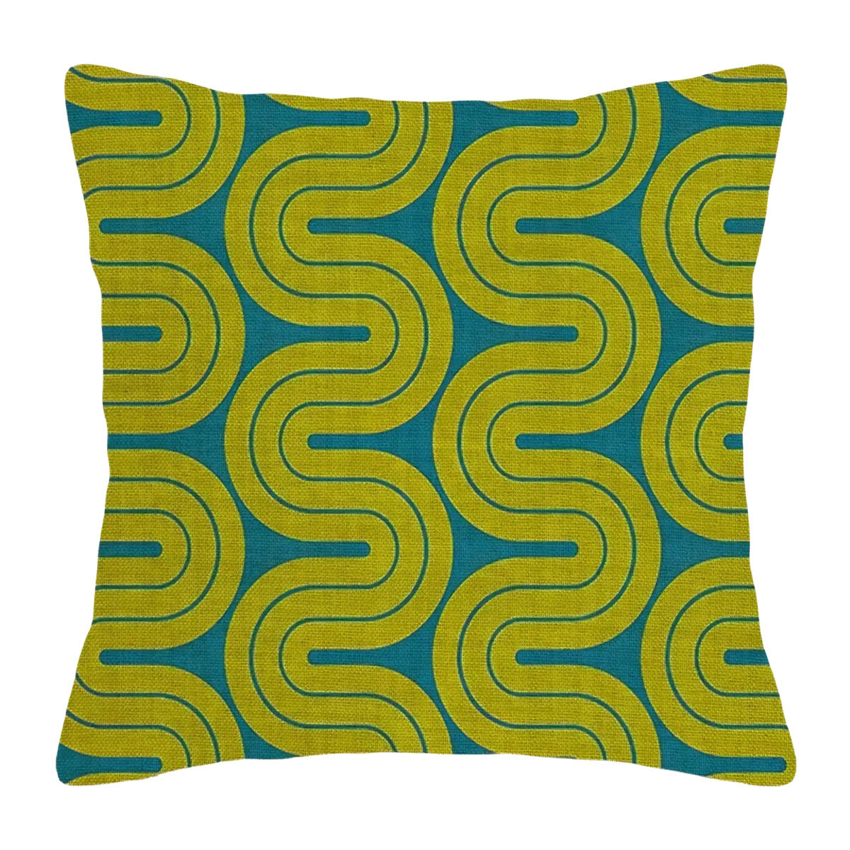 Geometric throw pillow cover with bold retro yellow-green wavy lines on teal background for modern decor