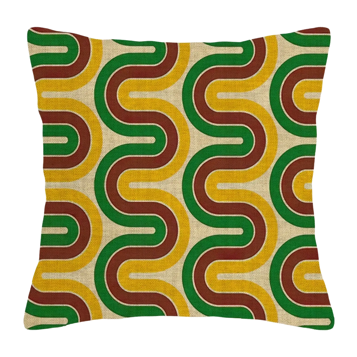 Square throw pillow cover with retro green yellow and brown wavy lines on beige linen fabric for modern decor