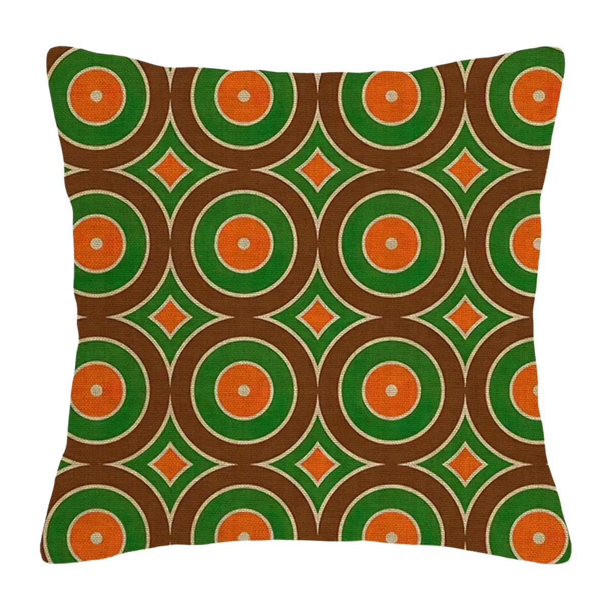 Square throw pillow cover with retro geometric concentric circles in orange green brown and cream for modern decor