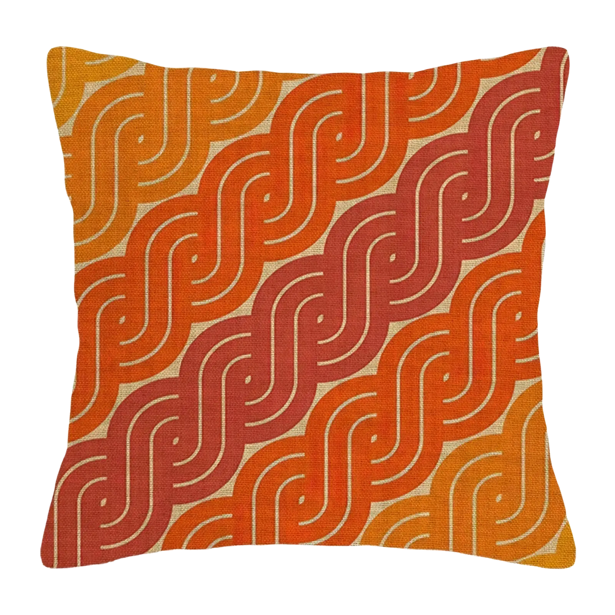 Square throw pillow cover with retro geometric pattern in orange red and beige for modern decorative use