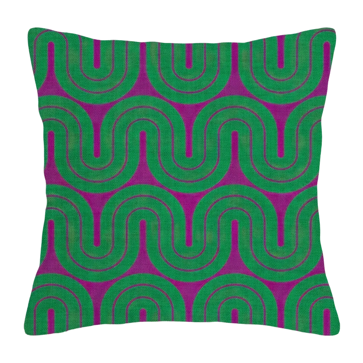Geometric throw pillow cover featuring vibrant green and magenta wave pattern for modern decorative use