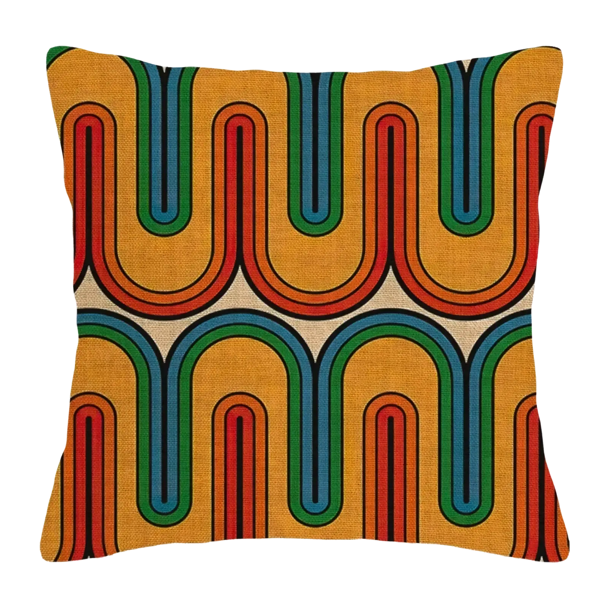 Vibrant geometric throw pillow cover with bold orange red green and blue wavy patterns on textured beige fabric