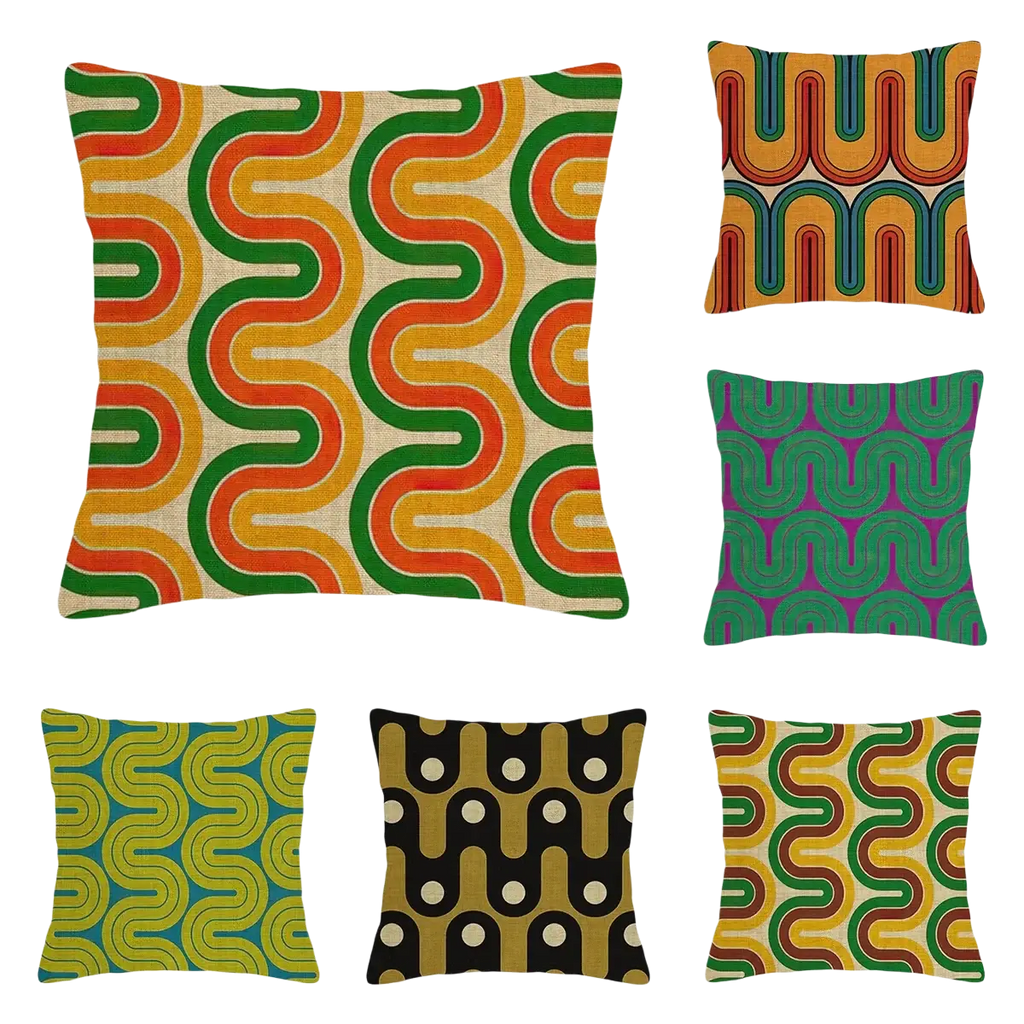 Vibrant geometric throw pillow cover with retro orange green beige hues and woven fabric texture for modern decor