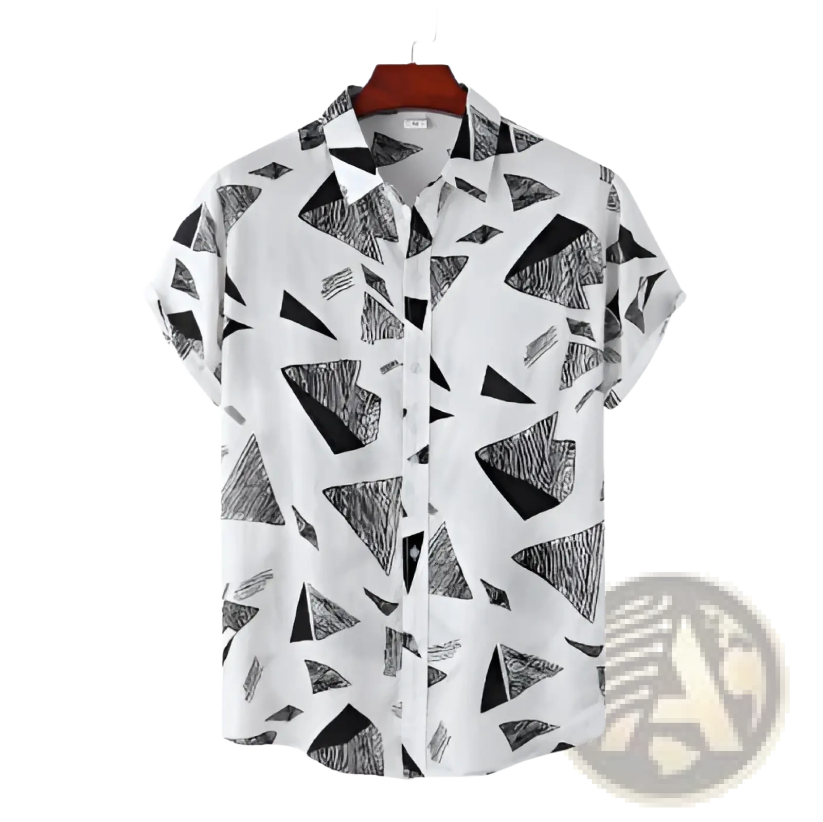 White short-sleeved relaxed vintage shirt with black geometric triangle print for casual wear