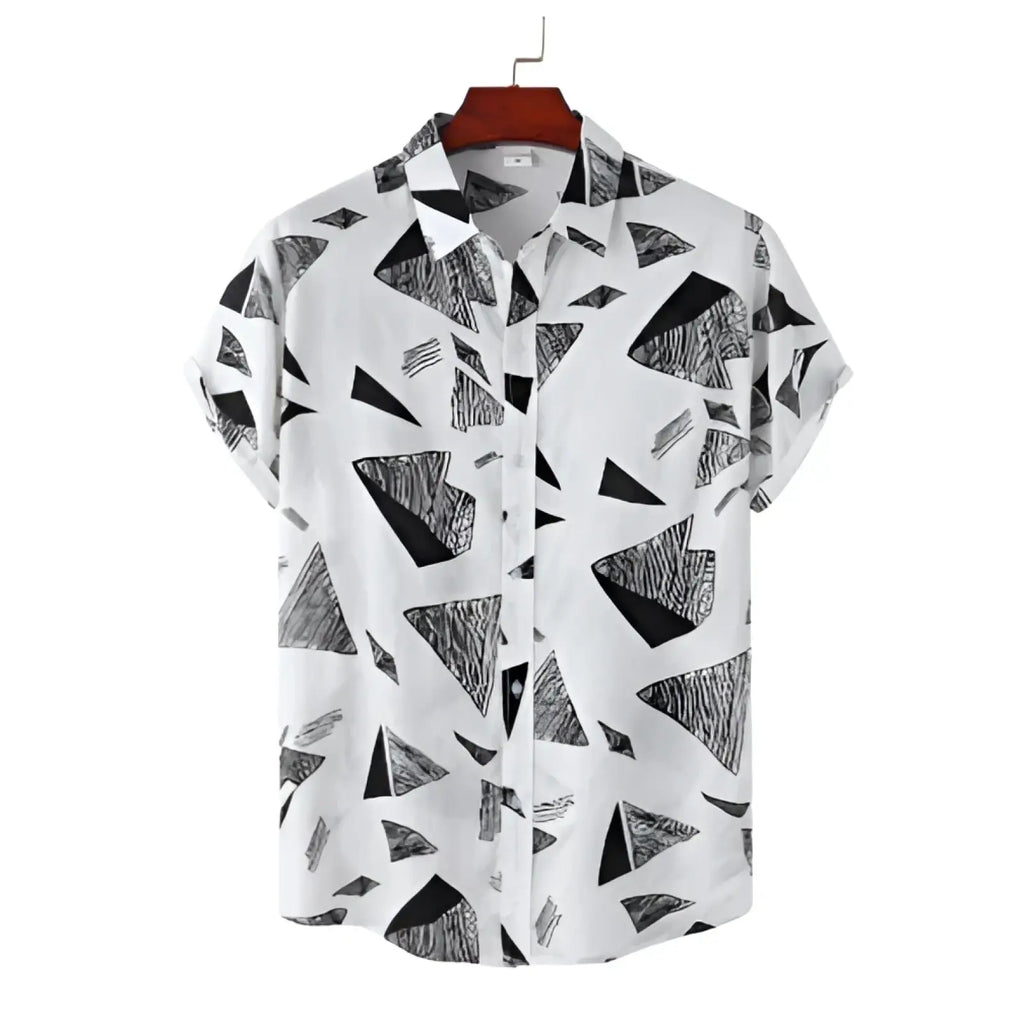 White short-sleeved button-up shirt with black geometric triangle print in a relaxed vintage style