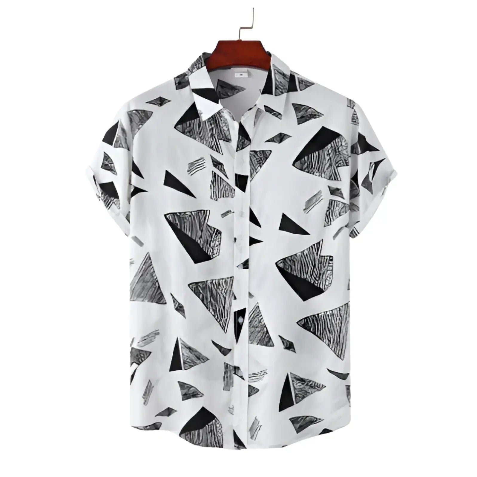 White short-sleeved button-up shirt with black geometric triangle print in a relaxed vintage style