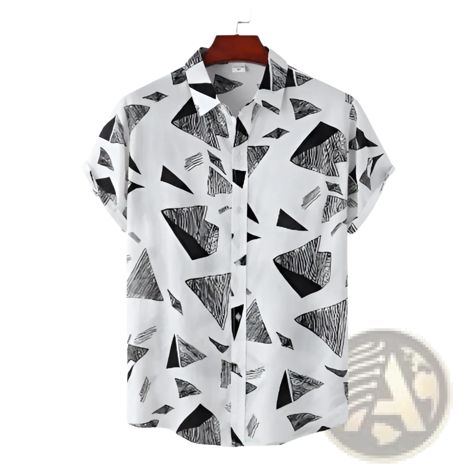 White short-sleeved button-up shirt with black geometric triangle pattern in relaxed vintage style