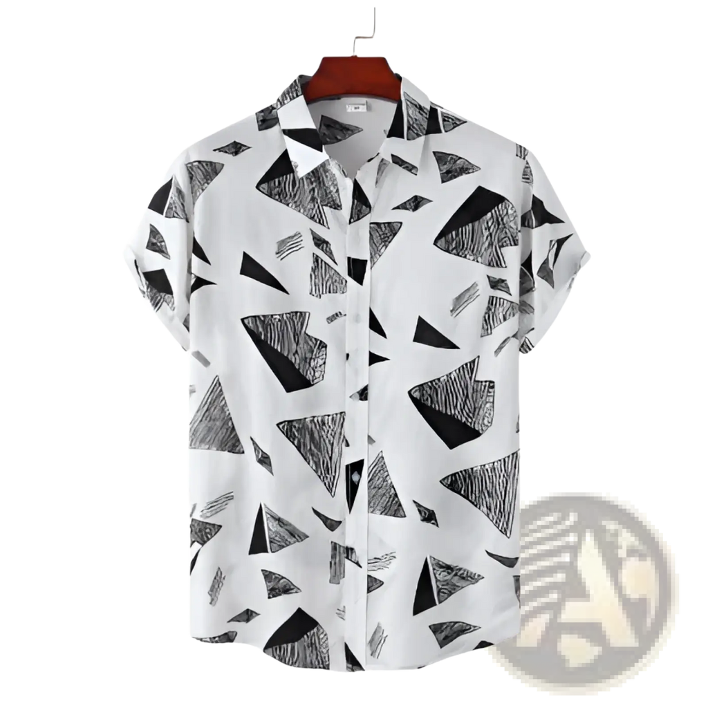 White short-sleeved relaxed vintage shirt with black geometric triangle print for casual wear