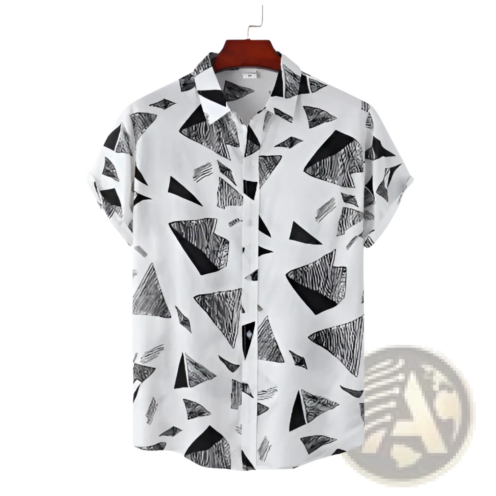 White short-sleeved relaxed vintage shirt with black geometric triangle print for casual wear