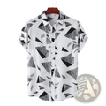 White short-sleeved button-up shirt with bold black geometric triangle print in relaxed vintage style