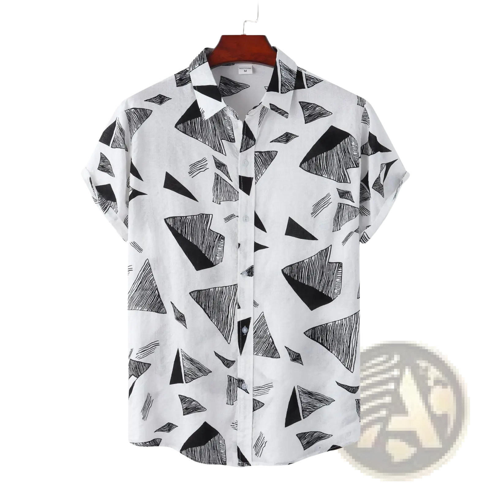 White short-sleeved button-up shirt with bold black geometric triangle print in relaxed vintage style