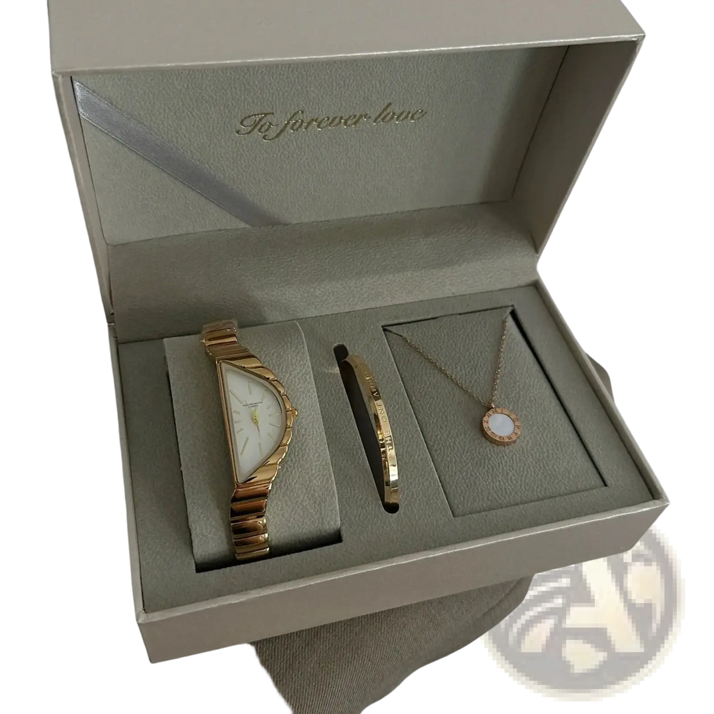 Gold-toned geometric triangle quartz watch with white face and stainless steel linked band in elegant gift box