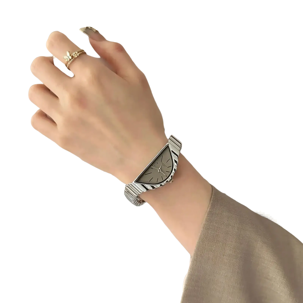 Silver-toned geometric triangle quartz watch with stainless steel case and sleek metallic link bracelet