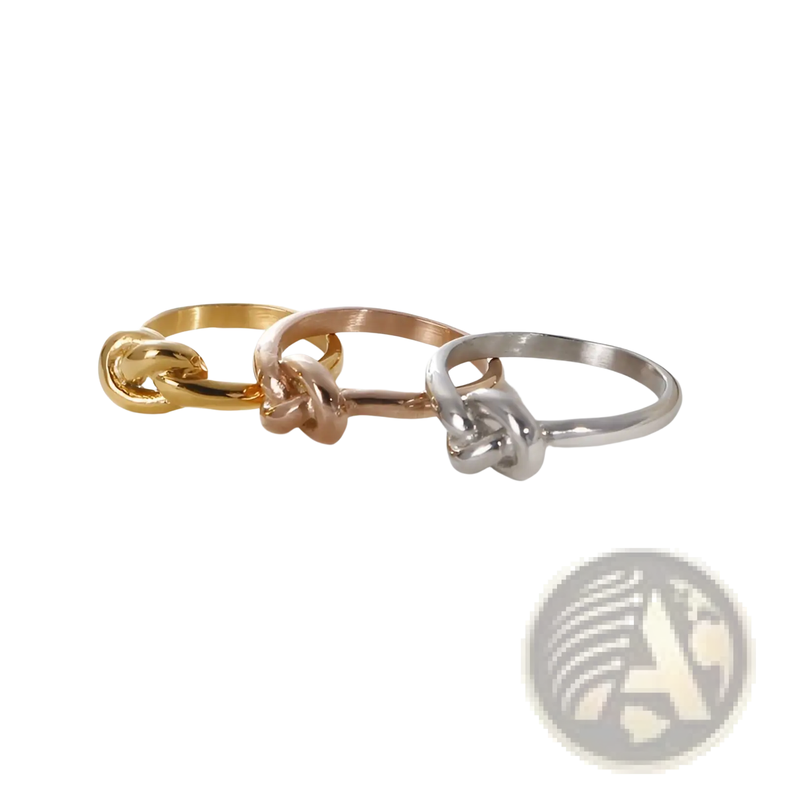 Three geometric truelove knot titanium steel rings in gold rose gold and silver finishes