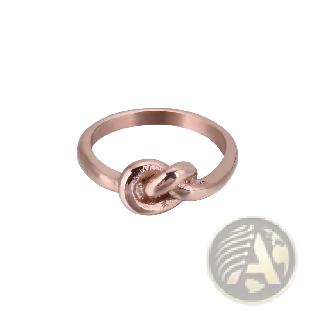 Rose gold geometric truelove knot titanium steel ring with polished band and textured central knot design