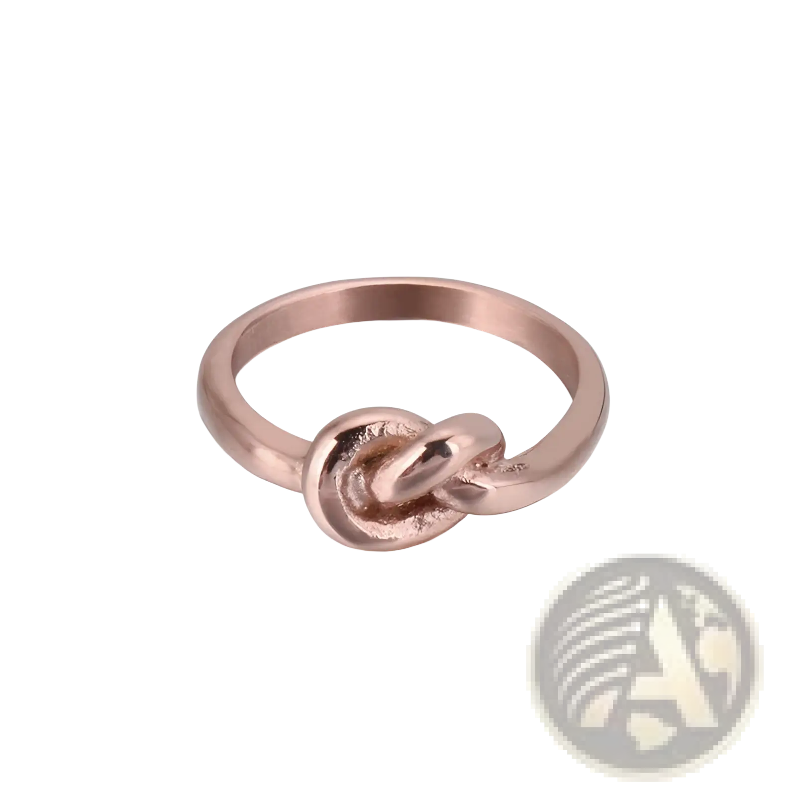 Rose gold geometric truelove knot titanium steel ring with polished band and textured central knot design