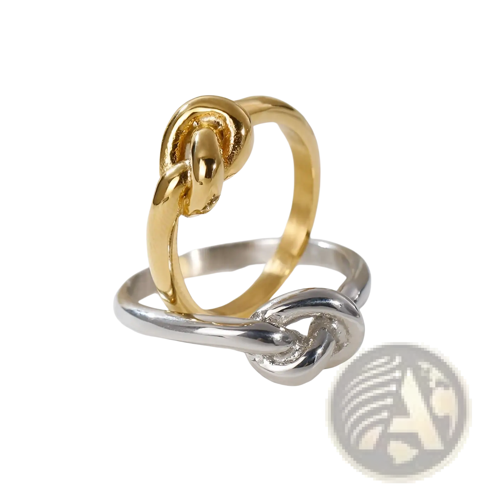 Geometric Truelove knot titanium steel rings in gold and silver with polished metallic finishes and intricate design