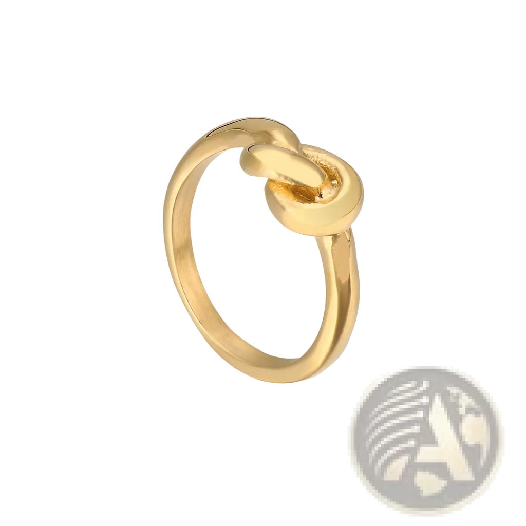 Gold-colored geometric Truelove knot ring with a sleek polished finish made of titanium steel