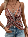 Women’s geometric twist front camisole top in rust brown and cream with intricate earthy tone patterns