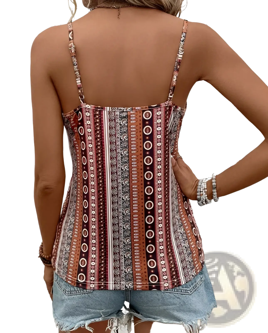 Women’s sleeveless Geometric Twist Front Cami Top with thin straps featuring vibrant vertical earthy stripes and circular motifs