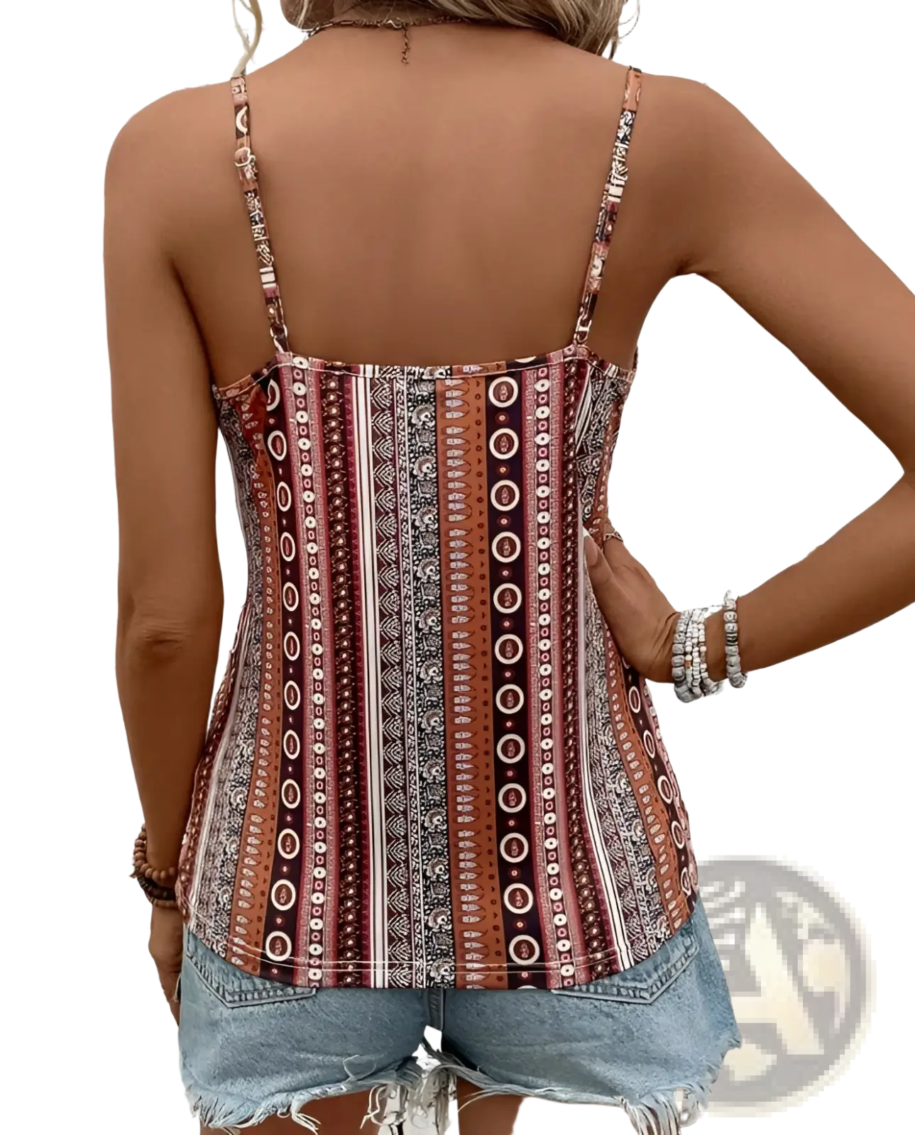 Women’s sleeveless Geometric Twist Front Cami Top with thin straps featuring vibrant vertical earthy stripes and circular motifs