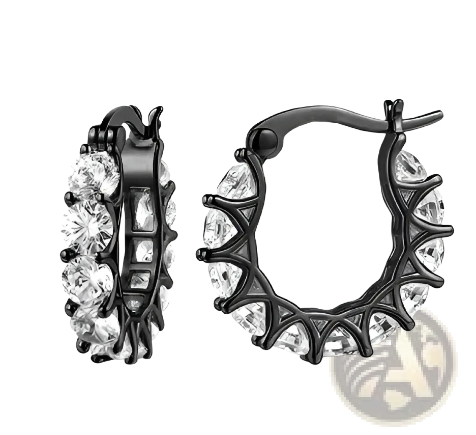 Black rhodium-plated geometric u-shaped zircon lattice hoop earrings with clear faceted crystals in intricate pattern
