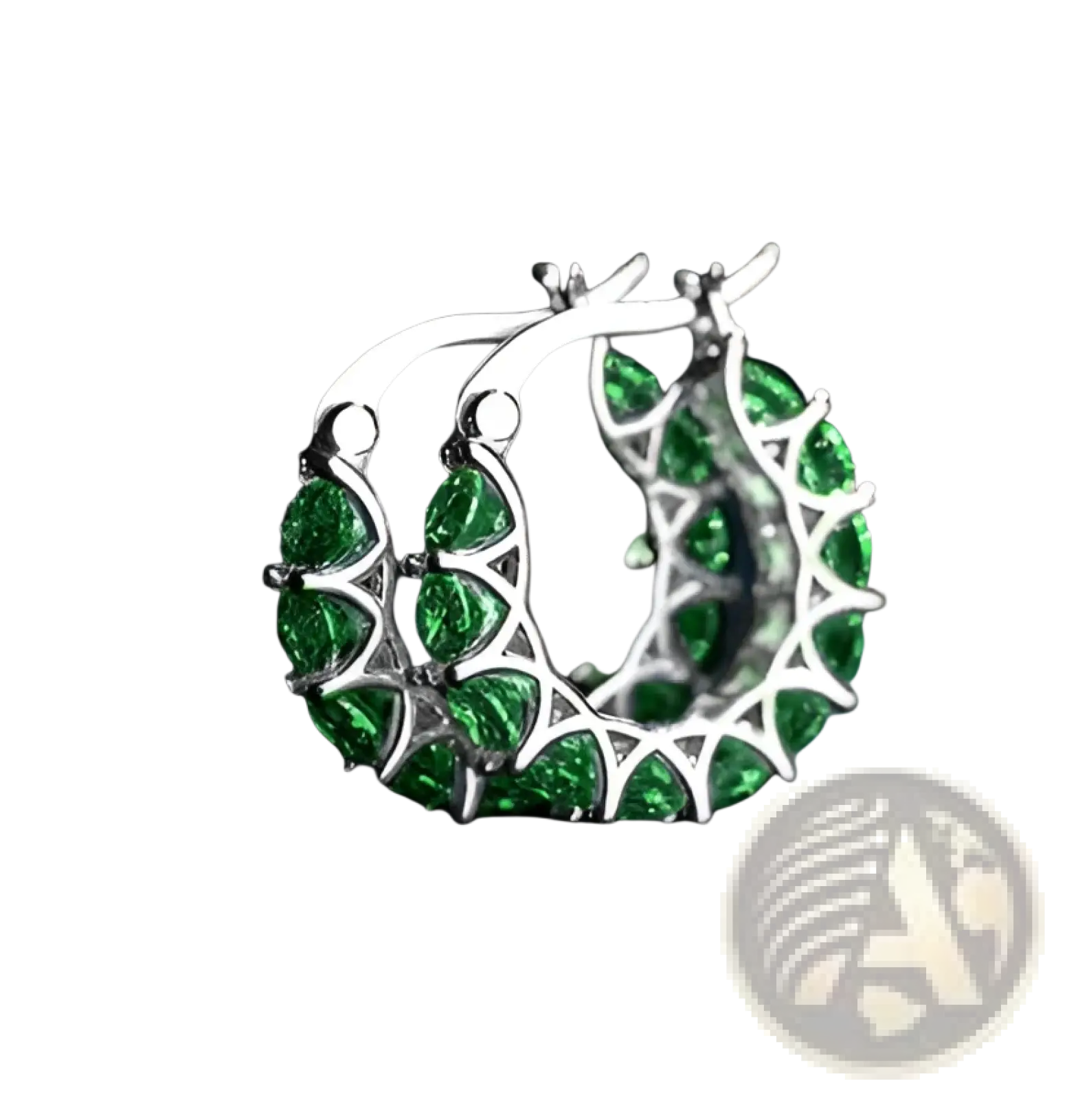 Silver geometric u-shaped hoop earrings with vibrant green gemstones in an intricate zircon lattice design