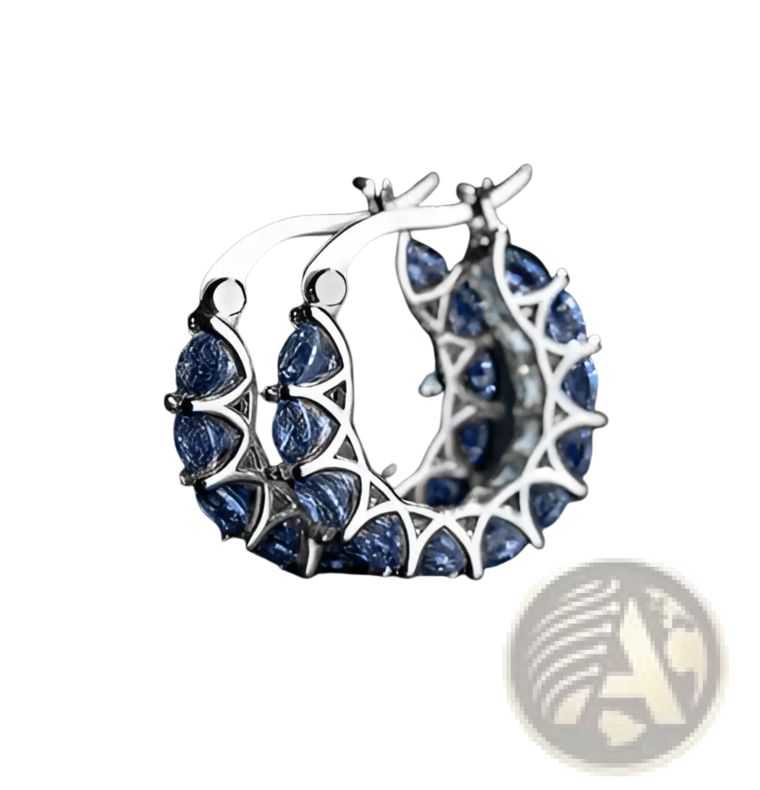 Elegant silver geometric u-shaped hoop earrings with deep blue sapphire stones in a radiant zircon lattice pattern