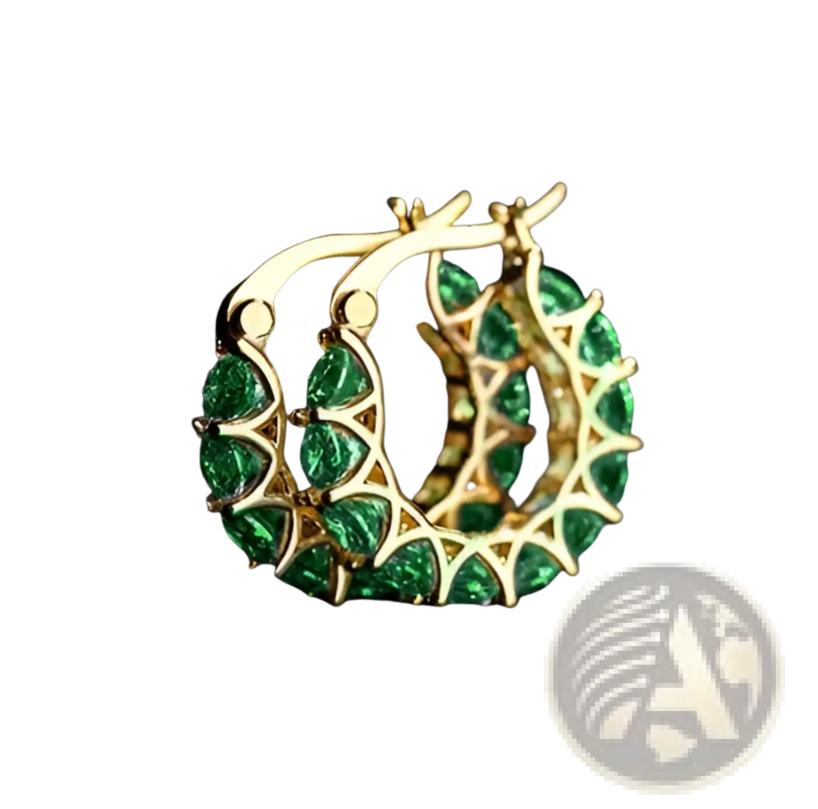 Gold geometric u-shaped hoop earrings adorned with vibrant green emerald stones in a zircon lattice pattern