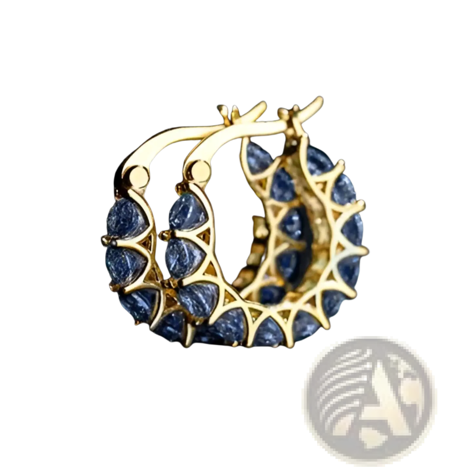 Gold hoop earrings with deep blue faceted stones in a geometric u-shaped zircon lattice pattern