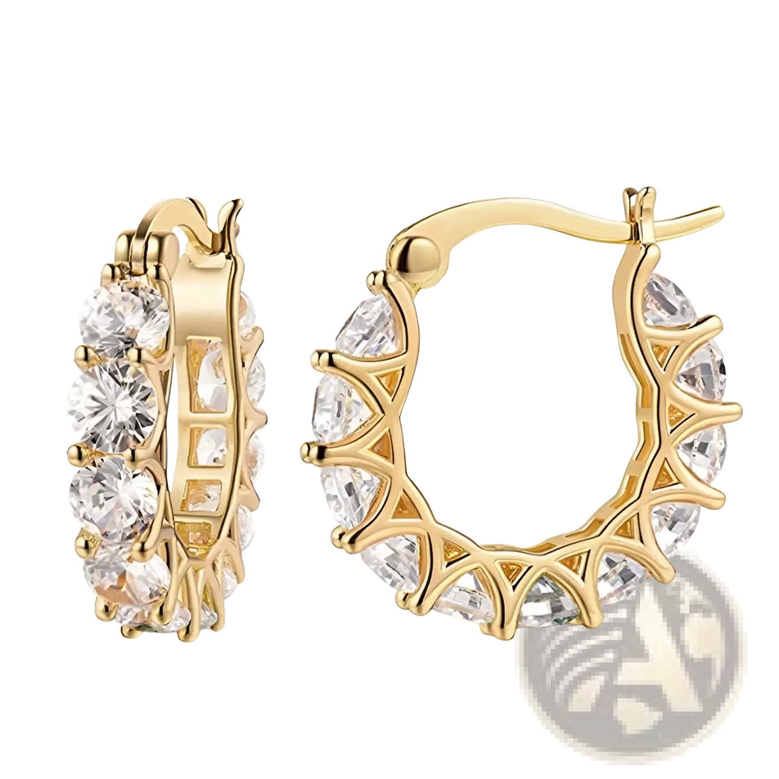 Gold-toned geometric U-shaped zircon lattice hoop earrings with clear faceted crystals in an intricate design