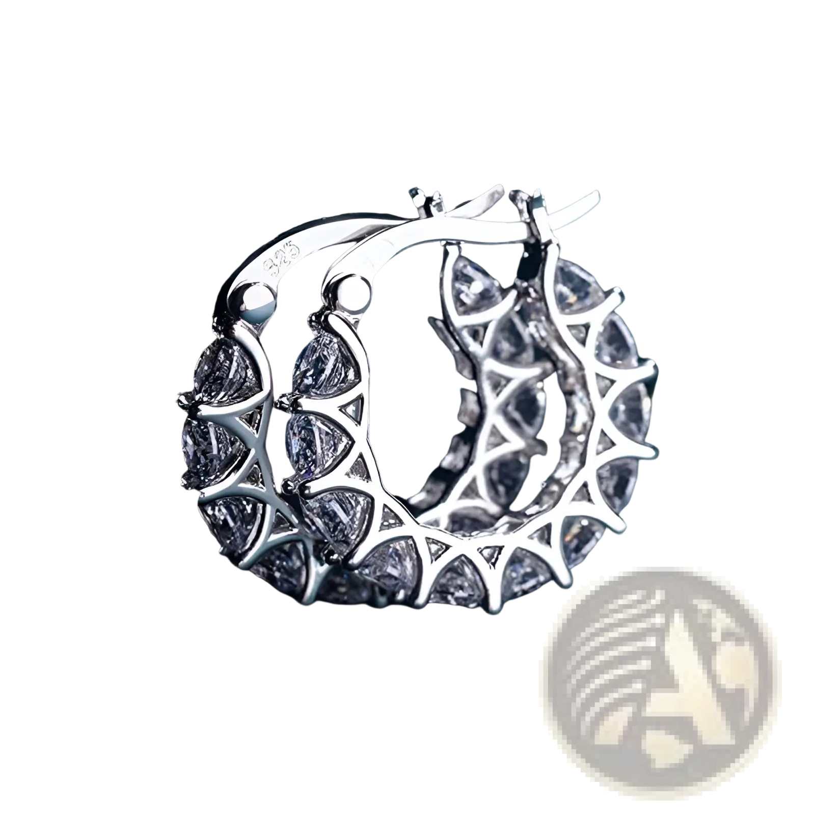 Silver geometric u-shaped hoop earrings adorned with clear faceted zircon crystals in lattice pattern