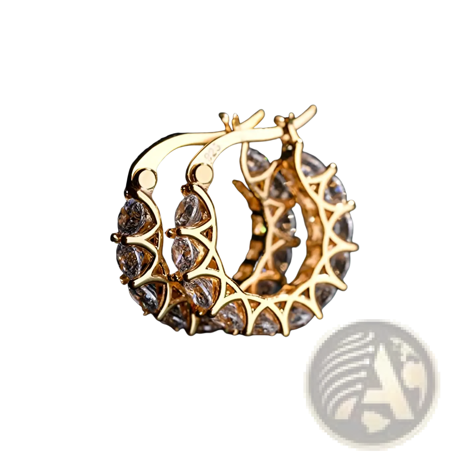 Gold geometric u-shaped zircon lattice hoop earrings featuring sparkling clear crystals in an intricate pattern
