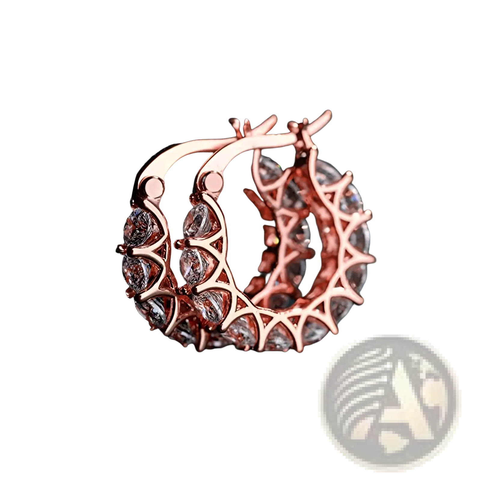Geometric u-shaped zircon lattice hoop earrings in rose gold with intricate design and clear crystal accents