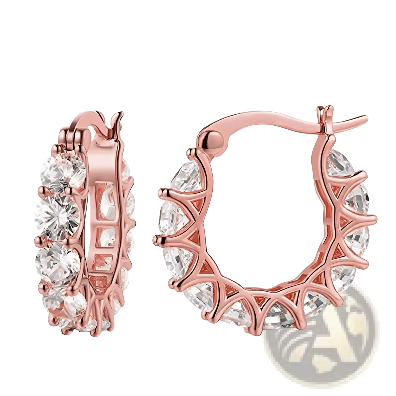Rose gold geometric U-shaped hoop earrings with clear zircon stones set in an intricate lattice design