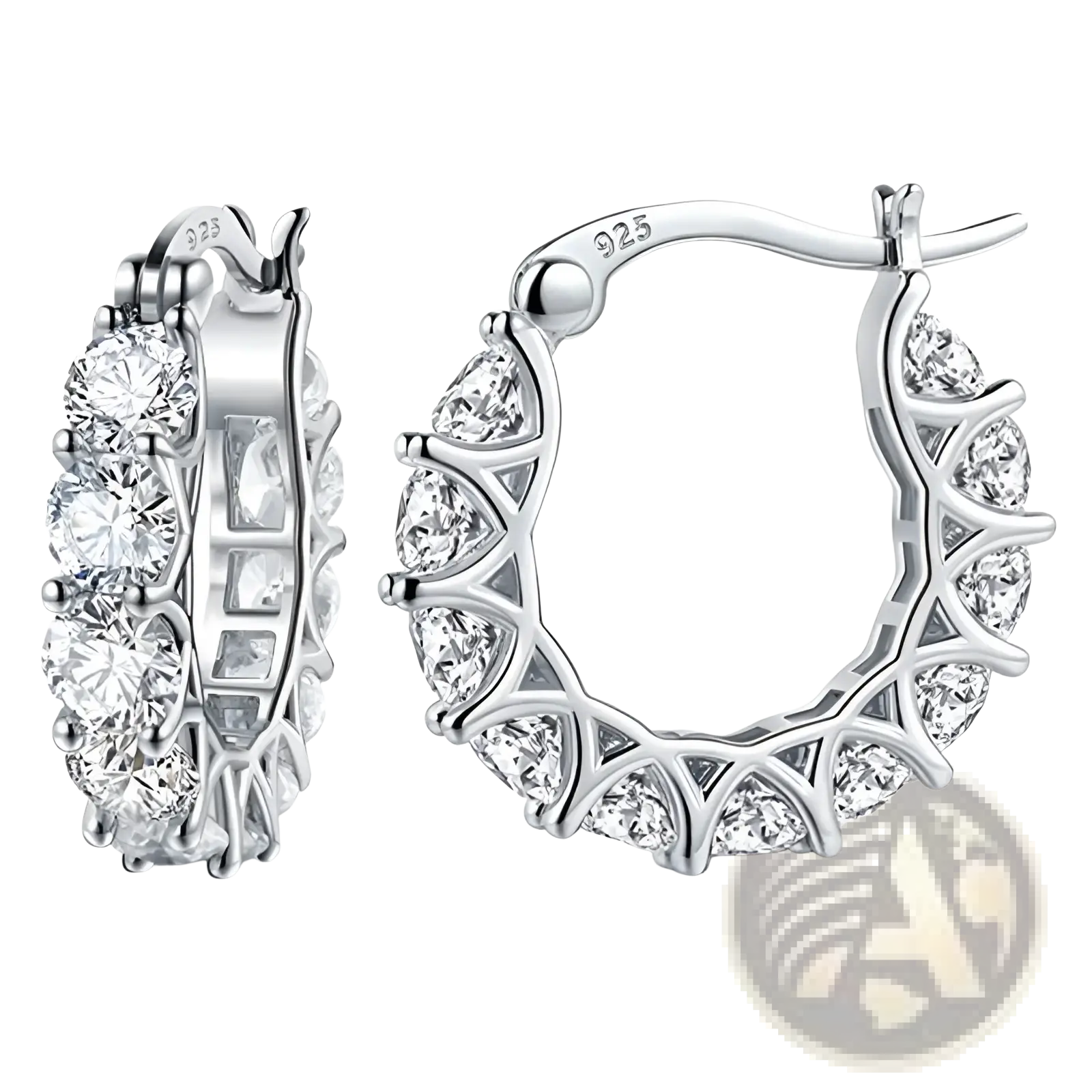 Silver 925 sterling silver hoop earrings with clear faceted cubic zirconia stones in a geometric lattice design
