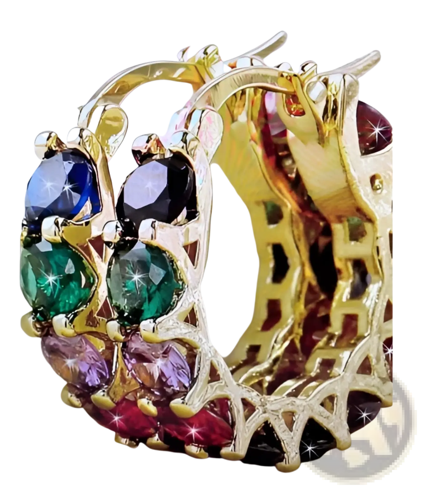 Geometric u-shaped zircon lattice gold hoop earrings adorned with blue green purple and red faceted gemstones