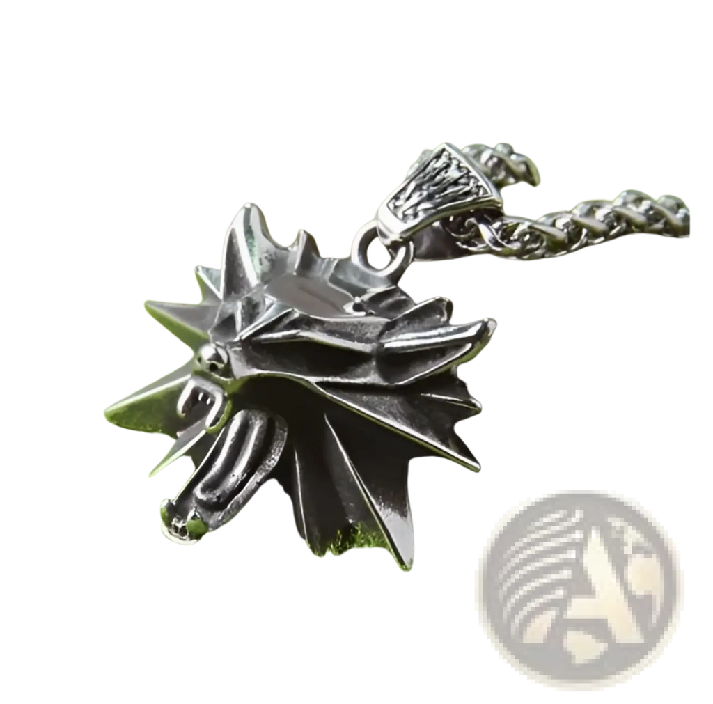 Silver metallic geometric wild game animal pendant chain necklace featuring a detailed wolf head witcher logo design