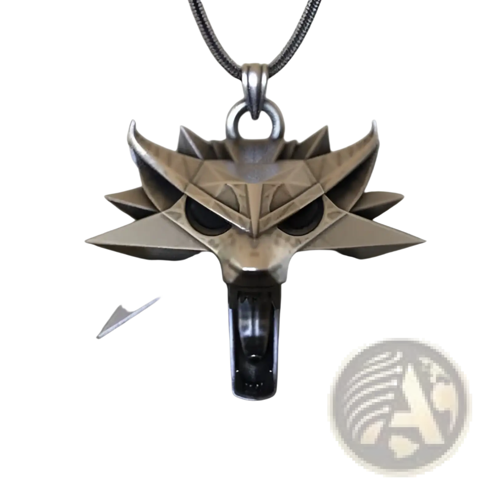 Silver-colored metal geometric wild game animal pendant chain necklace featuring the witcher series angular wolf head design