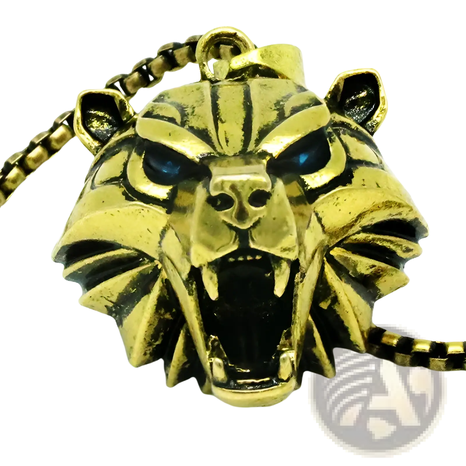 Golden geometric wild game tiger head pendant with blue inlaid eyes on a matching gold chain necklace