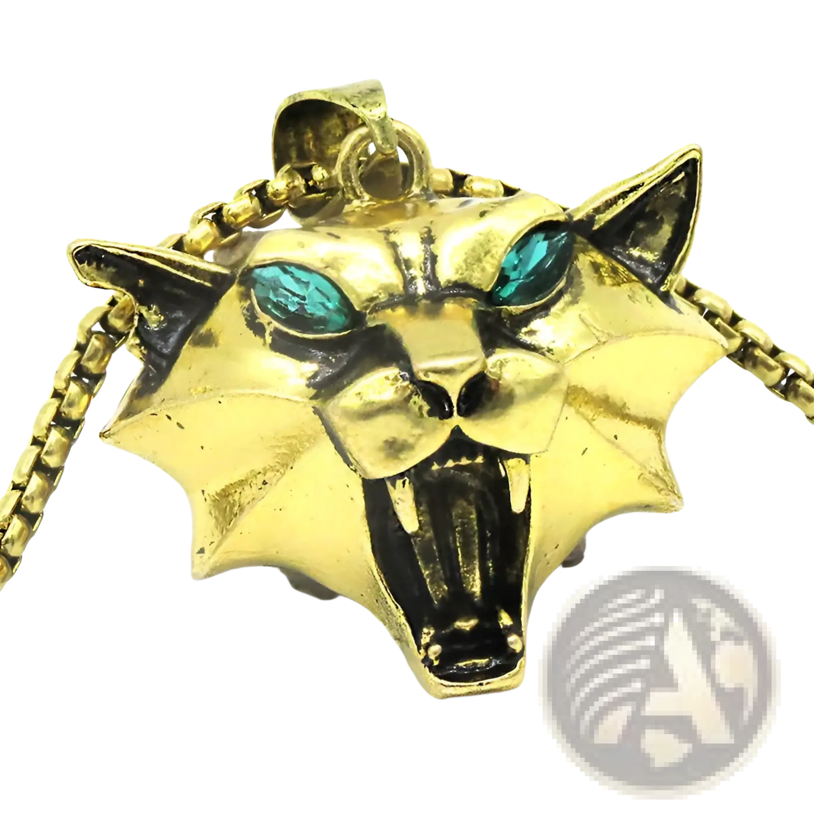 Geometric wild game animal pendant chain necklace gold panther head with teal gemstone eyes and black enamel accents