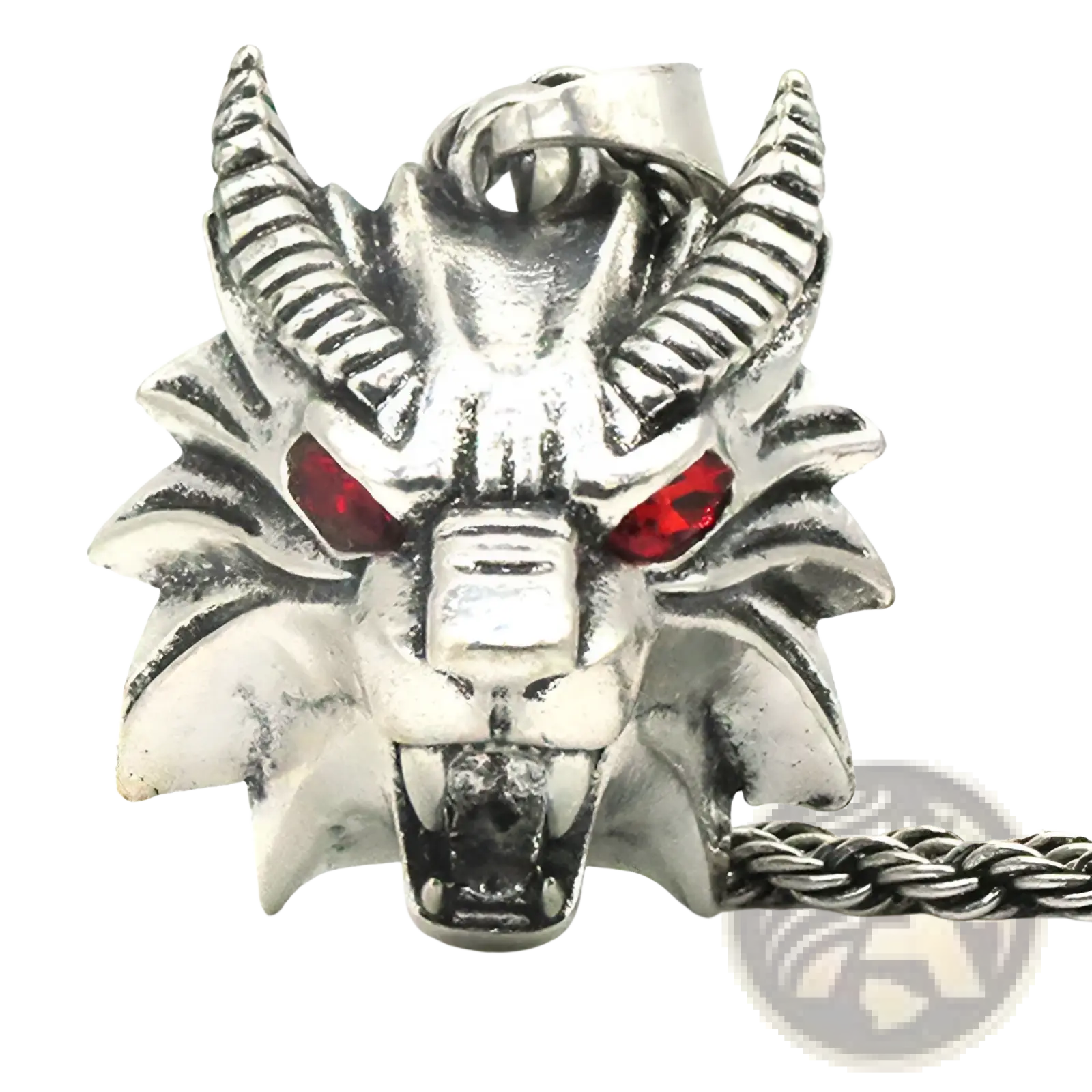 Silver geometric wild game animal pendant chain necklace with textured horned dragon head and red gemstone eyes
