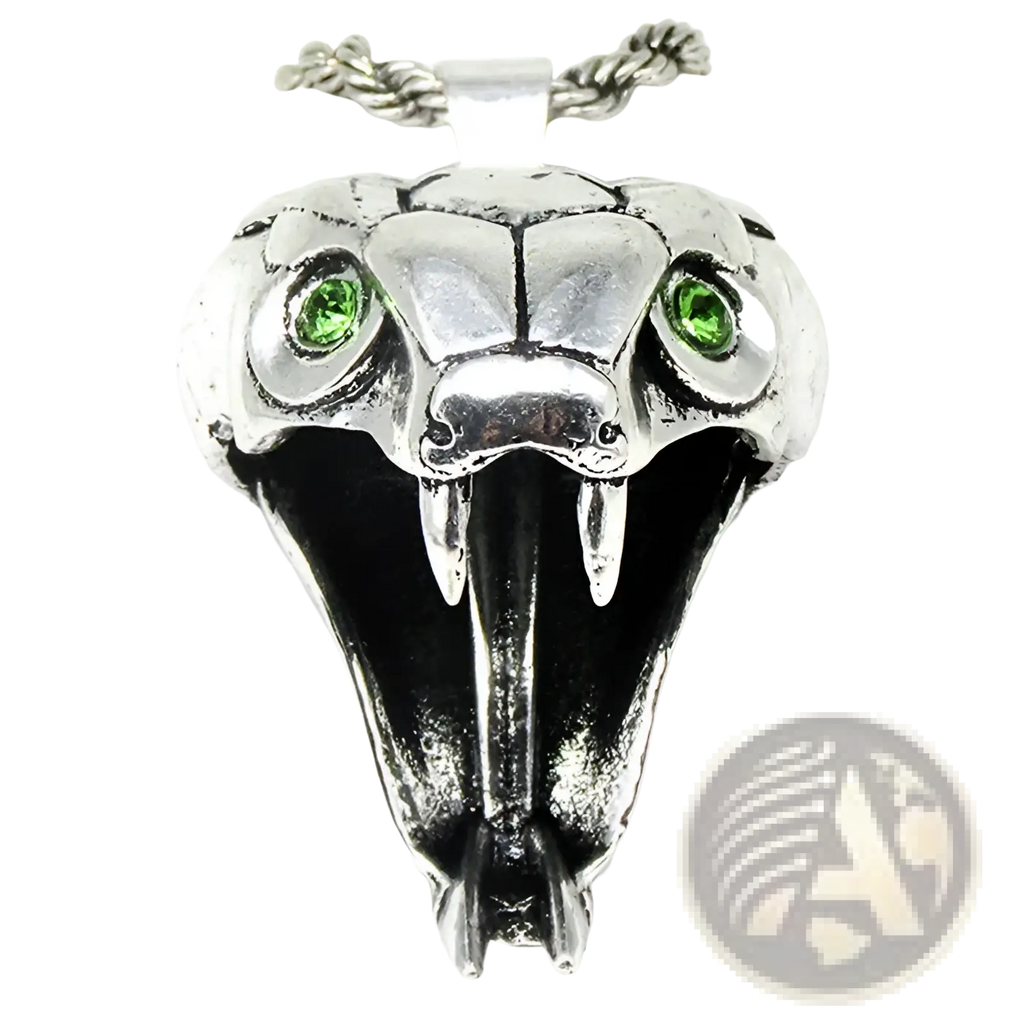 Silver snake head pendant necklace with green gemstone eyes and sharp fangs on twisted rope chain in geometric wild game style