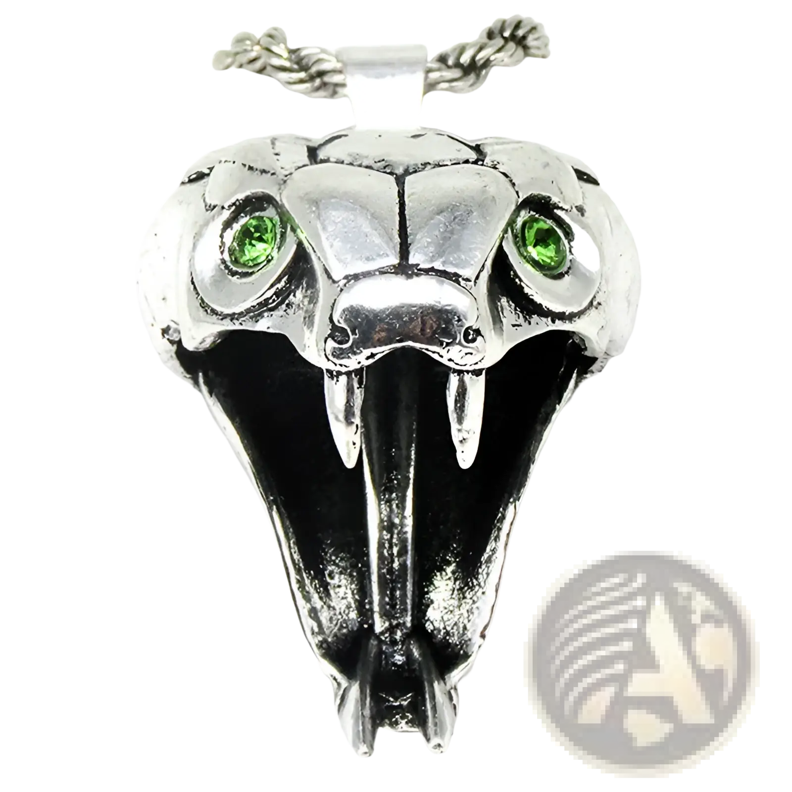 Silver snake head pendant necklace with green gemstone eyes and sharp fangs on twisted rope chain in geometric wild game style