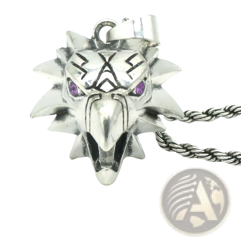 Silver wolf head pendant with purple gemstone eyes and spiked mane on twisted metal chain necklace