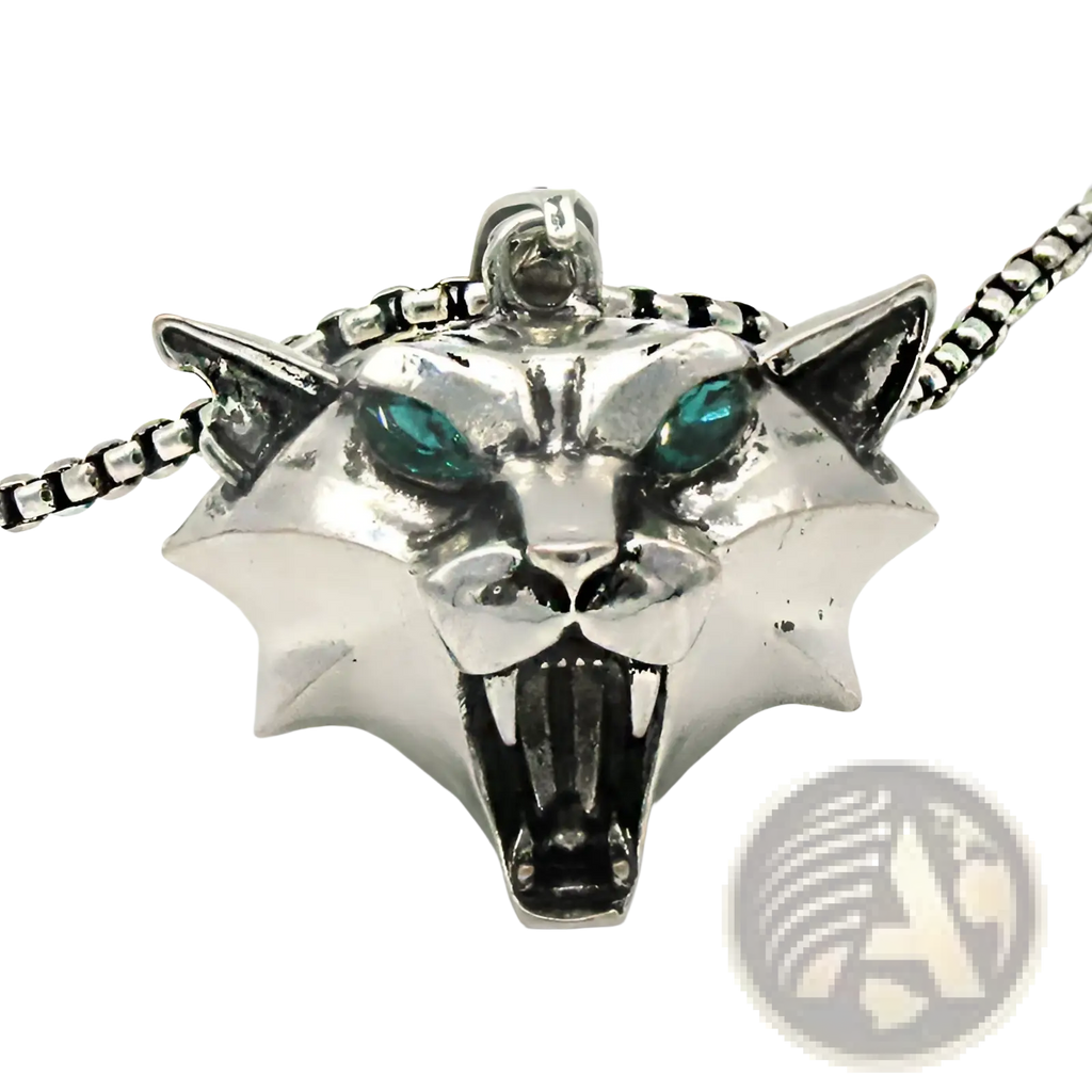 Silver panther pendant chain necklace with emerald green eyes and spiked geometric wild game animal design