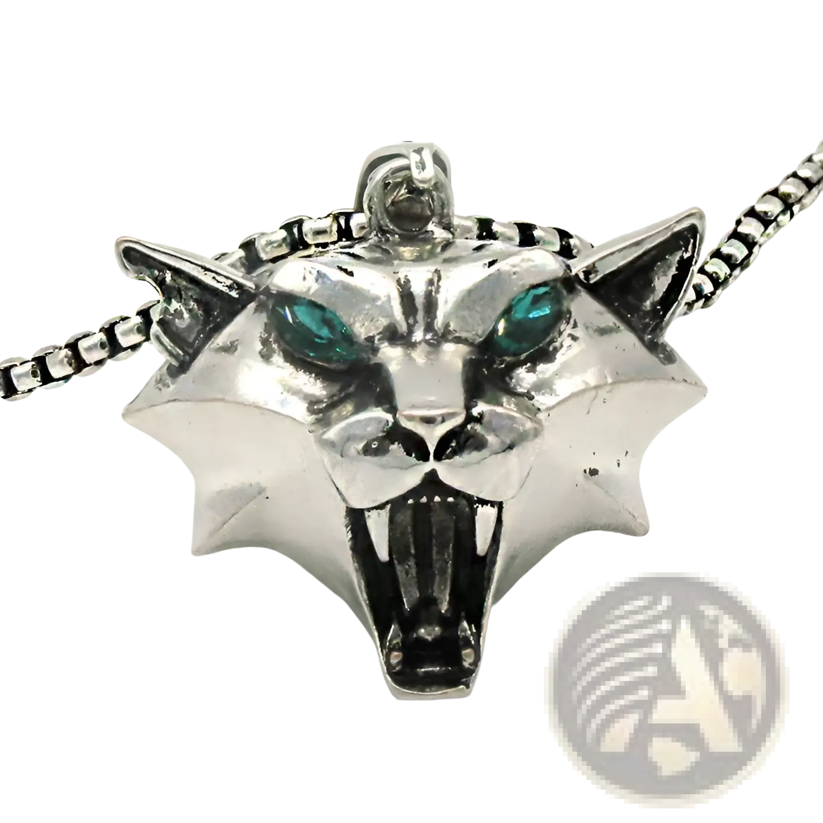 Silver panther pendant chain necklace with emerald green eyes and spiked geometric wild game animal design